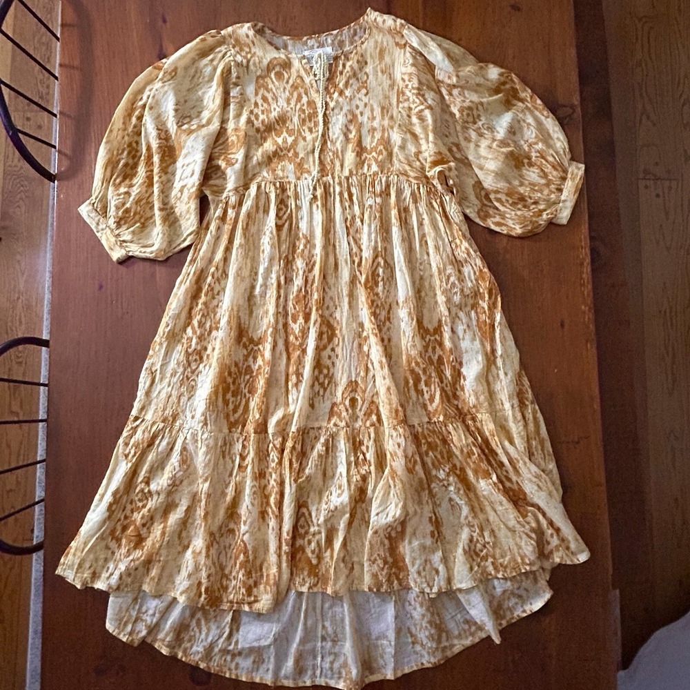 DESTINATION 365 Yellow Boho DRESS S Maxi Prairie Peasant Puff Sleeve Cottage